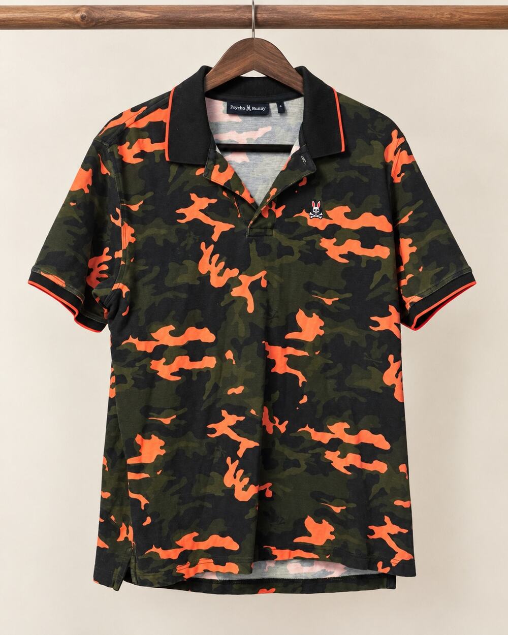 Psycho Bunny Plano Camo Polo Shirt Mens 6 L Green Orange Skull Bunny